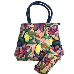 Anuschka NEVER USED Handpainted Leather Shopper Tote Toucans Tropical